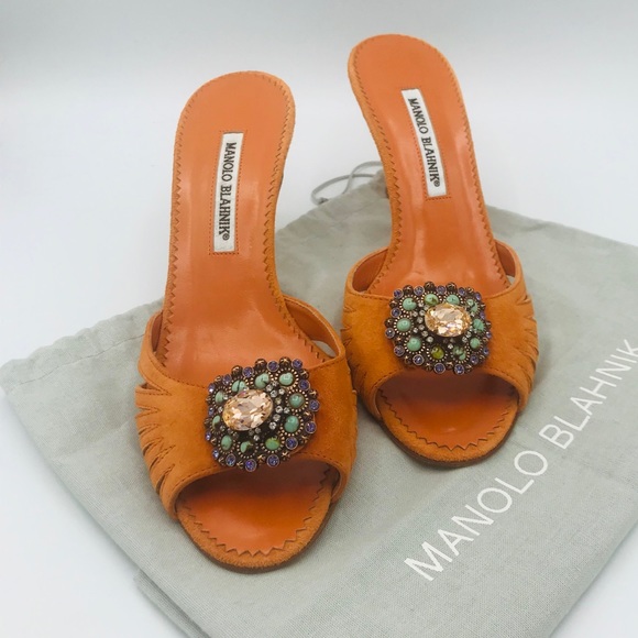 Manolo Blahnik Shoes - NEW MANOLO BLAHNIK ORANGE SUEDE JEWELED MULES